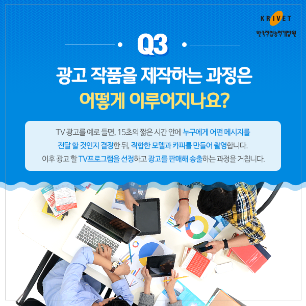 Q3 광고 작품을 제작하는 과정은 어떻게 이루어지나요? > TV광고를 예로 들면, 15초의 짧은 시간 안에 누구에게 어떤 메시지를 전달 할 것인지 결정한 뒤, 적합한 모델과 카피를 만들어 촬영합니다. 이후 광고할 TV프로그램을 선정하고 광고를 판매해 송출하는 과정을 거칩니다.