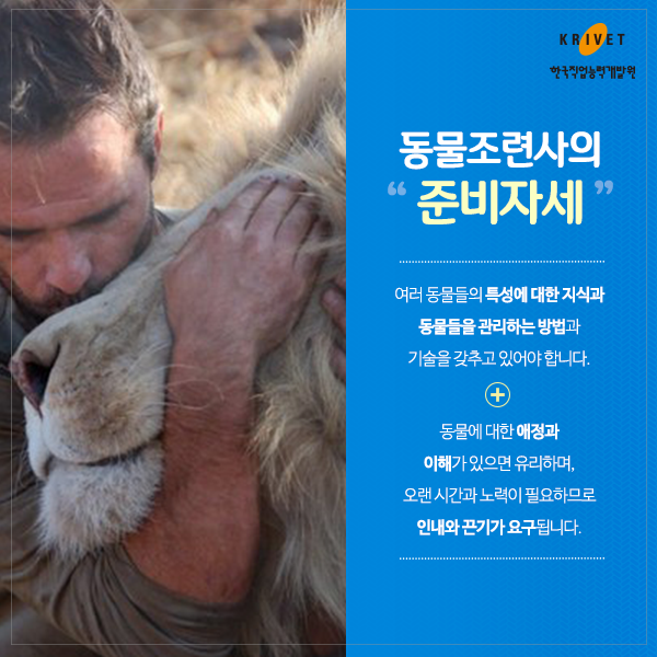 동물조련사의 준비자세 > 여러 동물들의 특성에 대한 지식과 동물들을 관리하는 방법과 기술을 갖추고 있어야 합니다. 동물에 대한 애정과 이해가 있으면 유리하며, 오랜시간과 노력이 필요하므로 인내와 끈기가 요구됩니다.