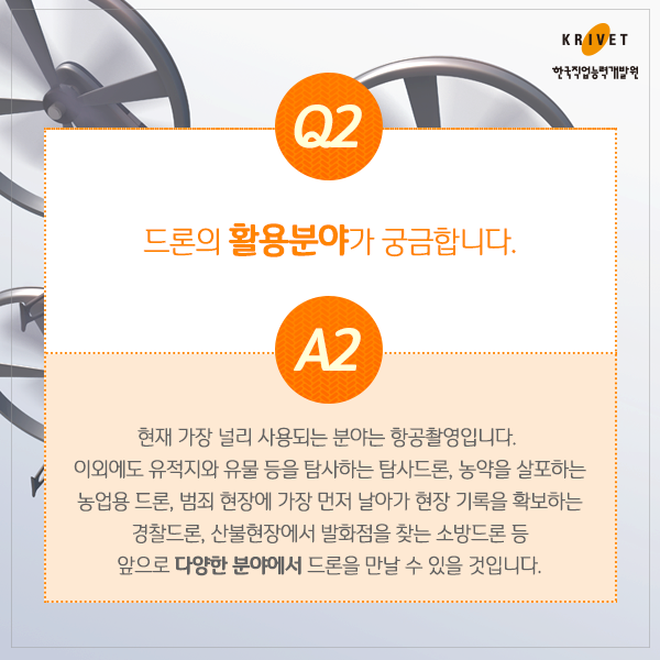 Q2 드론의 활용분야가 궁금합니다. > 현재 가장 널리 사용되는 분야는 항공촬영입니다. 이외에도 유적지와 유물 등을 탐사하는 탐사드론, 농약을 살포하는 농업용 드론, 범죄 현장에 가장 먼저 날아가 현장 기록을 확보하는 경찰드론, 산불현장에서 발화점을 찾는 소방드론 등 앞으로 다양한 분야에서 드론을 만날수 있을 것입니다.