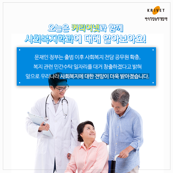 오늘은 커리어넷과 함께 사회복지학과에 대해 알아보아요! 문제인 정부는 출범 이후 사회복지 전담 공무원 확충, 복지 관련 민간수탁 일자리를 대거 창출하겠다고 밝혀 앞으로 우리나라 사회복지에 대한 전망이 더욱 밝아졌습니다.