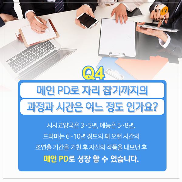 Q4 메인 PD로 자리 잡기까지의 과정과 시간은 어느 정도 인가요? > 시사교양국은 3~55년, 예능은 5~8년, 드라마는 6~10년 정도의 꽤 오랜 시간의 조연출 기간ㅇ늘 거친 후 자신의 작품을 내보낸 후 메인 PD로 성장할 수 있습니다.