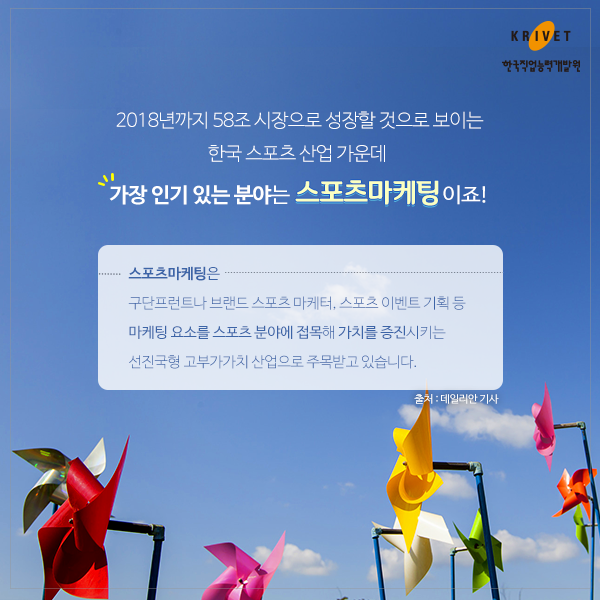 2018년까지 58조 시장으로 성장할 것으로 보이는 한국 스포츠 산업 가운데 가장 인기 있는 분야는 스포츠마케팅이죠! 스포츠마케팅은 구단프런트나 브랜드스포츠 마케터, 스포츠 이벤트 기획 등 마케팅 요소를 스포츠 분야에 접목해 가치를 증진시키는 선진국형 고부가가치 산업으로 주목받고 있습니다.