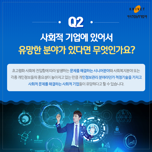 Q2 사회적 기업에 있어서 유망한 분야가 있다면 무엇인가요 > 초고령화 사회에 진입함에 따라 발생하는 문제를 해결하는 시니어분야와 사회복지분야 또는 각종 개인정보들의 중요성이 높아지고 있는 만큼 개인정보관리 분야라던가 적정기술을 가지고 사회적 문제를 해결하는 사회적 기업들이 유망하다고 할 수 있습니다.