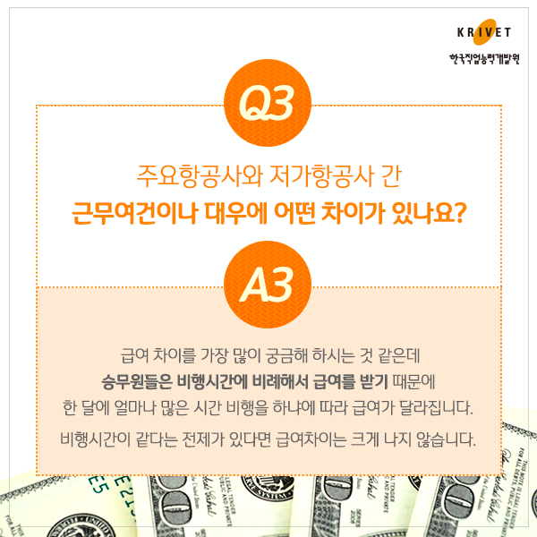 Q3.주요항공사와 저가항공사 간 근무여건이나 대우에 어떤 차이가 있나요? > 급여 차이를 가장 많이 궁금해 하시는 것 같은데. 승무원들은 비행시간에 비례해서 급여를 받기 때문에 한 달에 얼마나 많은 시간 비행을 하냐에 따라 급여가 달라집니다. 비행시간이 같다는 전제가 있다면 급여차이는 크게 나지 않습니다.