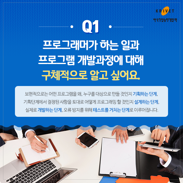 Q1.프로그래머가 하는 일과 프로그램 개발과정에 대해 구체적으로 알고 싶어요. > 보편적으로 어떤 프로그램을 왜, 누구를 대상으로 만들 것인지 기획하는 단계, 기획단계에서 결성된 상황을 토대로 어떻게 프로그래밍 할 것인지 설계하는 단계, 실제로 개발하는 단계, 오류 방지를 위해 테스트를 거치는 단계로 이루어집니다.