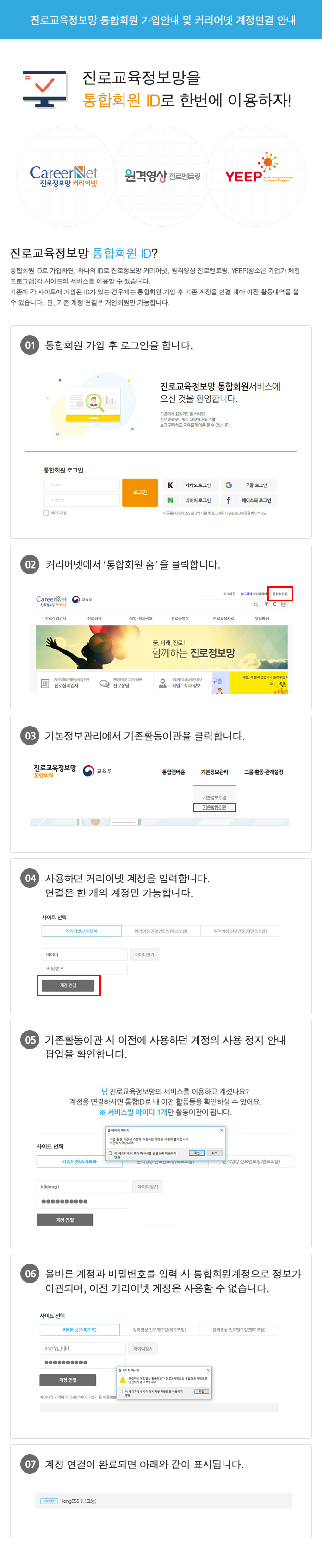 진로교육정보망 통합회원 가입안내 및 커리어넷 계정연결 안내 진로교육정보망을 통합회원ID로 한번에 이용하자! Career Net 진로정보망 커리어넷 원격영상 진로멘토링 YEEP 진로교육정보망 통합회원 ID? 통합회원 ID로 가입하면, 하나의 ID로 진로정보망 커리어넷, 원격영상 진로멘토링, YEEP(청소년 기업가 체험 프로그램)각 사이트의 서비스를 이용할 수 있습니다. 통합회원 ID가입은 2018년 4월 30일 부터 가능합니다. 기존에 각 사이트에 가입된 ID가 있는 경우에는 통합회원 가입 후 기존 계정을 연결 해야 이전 활동내역을 볼 수 있습니다. 단, 기존 계정 연결은 개인회원만 가능합니다. 01 통합회원 가입 후 로그인을 합니다. 02 커리어넷에서 '통합회원 홈'을 클릭합니다. 03 기본정보관리에서 기존활동이관을 클릭합니다. 04 사용하던 커리어넷 계정을 입력합니다. 연결은 한 개의 계정만 가능합니다. 05 기존활동이관 시 이전에 사용하던 계정의 사용 정지 안내 팝업을 확인합니다. 06 올바른 계정과 비밀번호를 입력 시 통합회원계정으로 정보가 이관되며, 이전 커리어넷 계정은 사용할 수 없습니다. 07 계정 연결이 완료되면 아래와 같이 표시됩니다.