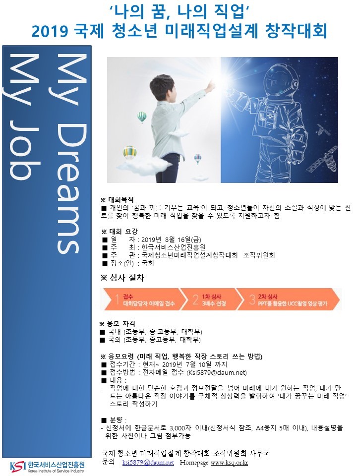 나의 꿈, 나의 직업 2019 국제 청소년 미래직업설계 창작대회 My Job My Dreams 대회목적 개인의 꿈과 끼를 키우는 교육이 되고, 청소년들이 자신의 소질과 적성에 맞는 진로를 찾아 행복한 미래 직업을 찾을 수 있도록 지원하고자 함 대회 요강 일자: 2019년 8월 16일(금) 주최: 한국서비스산업진흥원 주관:국제청소년미래직업설계창작대회 조직위원회 장소(안): 국회 심사 절차 1 접수 대회담당자 이메일 접수 2 1차 심사 3배수 선정 2차 심사 PPT를 활용한 UCC촬영 영상 평가 응모 자격 국내(초등부, 중고등부, 대학부) 국외(초등부, 중고등부, 대학부) 응모요령 미래 직업, 행복한 직장 스토리 쓰는 방법) 접수기간: 현재~2019년 7월 10일 까지 접수방법: 전자메일 접수 ksj5879@daum.net 내용 직업에 대한 단순한 호감과 정보전달을 넘어 미래에 내가 원하는 직업, 내가 만드는 아름다운 직장 이야기를 구체적 상상력을 발휘하여 내가 꿈꾸는 미래 직업 스토리 작성하기 분량 신청서에 한글문서로 3,00자 이내(신청서식 참조, A4용지 5매 이내), 내용설명을 위한 사진이나 그림 첨부가능 국제 청소년 미래직업 설계 창작대회 조직위원회 사무국 문의 ksj5879@daum.net Homepage: www.ksq.or.kr 한국서비스산업진흥원