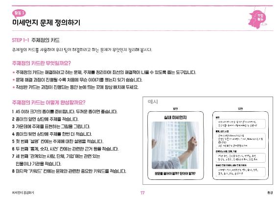 활동1 미세먼지 문제 정의하기 STEP1-1 주제정의 카드 주제정의 카드를 사용하여 우리 팀이 해결하려고 하는 문제가 무엇인지 정리해 봅시다. 주제정의 카드란 무엇일까요? 주제정의 카드는 해결하려고 하는 문제, 주제를 정리하여 최선의 해결책이 나올 수 있도록 돕는 도구입니다. 문제 해결 과정이 진행될 수록 처음에 무슨 이야기를 했는지 잊기 쉽습니다. 작성한 카드는 과정이 진행되는 동안 눈에 띄는 곳에 항상 배치해 두세요. 주제정의 카드는 어떻게 완성할까요> 1 A5이하 크기의 종이를 준비합니다. 두꺼운 종이면 좋습니다. 2 종이의 앞면 상단에 주제를 적습니다. 3 가운데에 주제를 표현하는 그림을 그립니다. 4 종이의 뒷면 상단에 주제를 한번 더 적습니다. 5 첫 번째 설명 칸에는 주제에 대한 설명을 적습니다. 6 두 번째 통계, 숫자, 사건 칸에는 관련한 근거 등을 적습니다. 7 세 번째 관계있는 사람, 단체, 기업에는 관련 있는 인물이나 기관을 적습니다 8 마지막 키워드 칸에는 문제와 관련한 중요한 키워드를 적습니다.